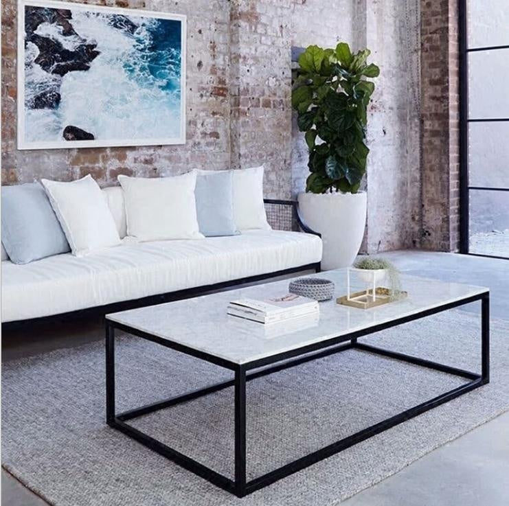 Boho Aesthetic Rectangular Modern Marble Coffee Table | Biophilic Design Airbnb Decor Furniture 