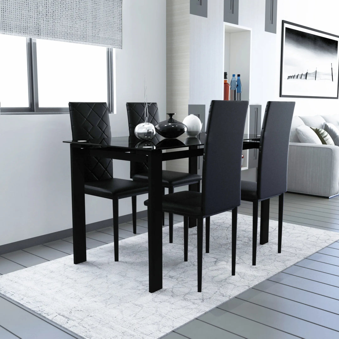 Boho Aesthetic La Ivoire | Modern Luxury Tempered Black Glass Black Dining Table w/ Chair Set | Biophilic Design Airbnb Decor Furniture 